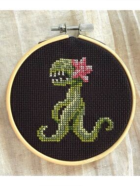 Handmade Cross Stitched Garden Monster Ornament/Wall Art - Green w/ Pink Flower
